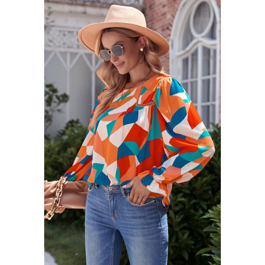 Geometric Flounce Sleeve Blouse