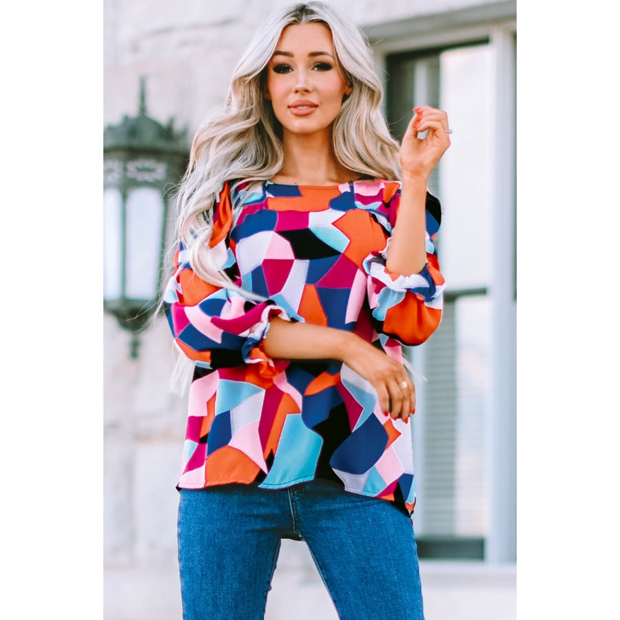 Geometric Flounce Sleeve Blouse