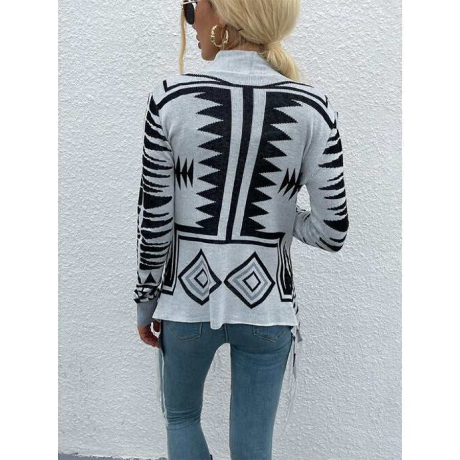 Geometric Fringe Hem Open Front Cardigan Cloudy Blue / S Clothing