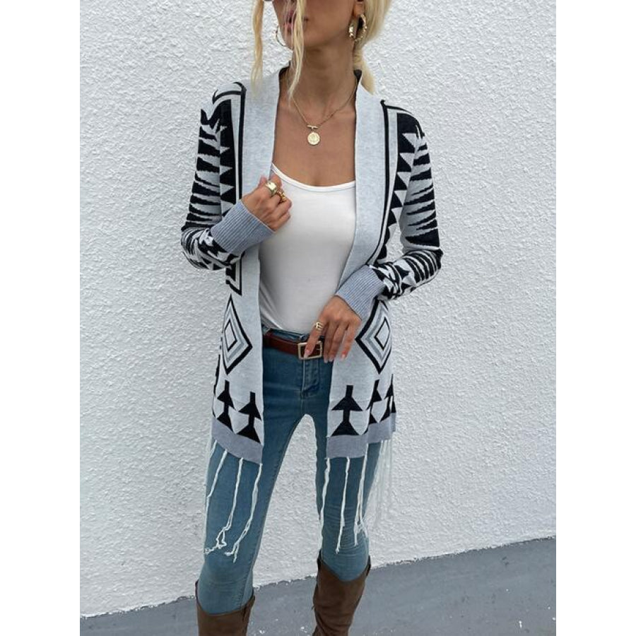 Geometric Fringe Hem Open Front Cardigan Cloudy Blue / S Clothing