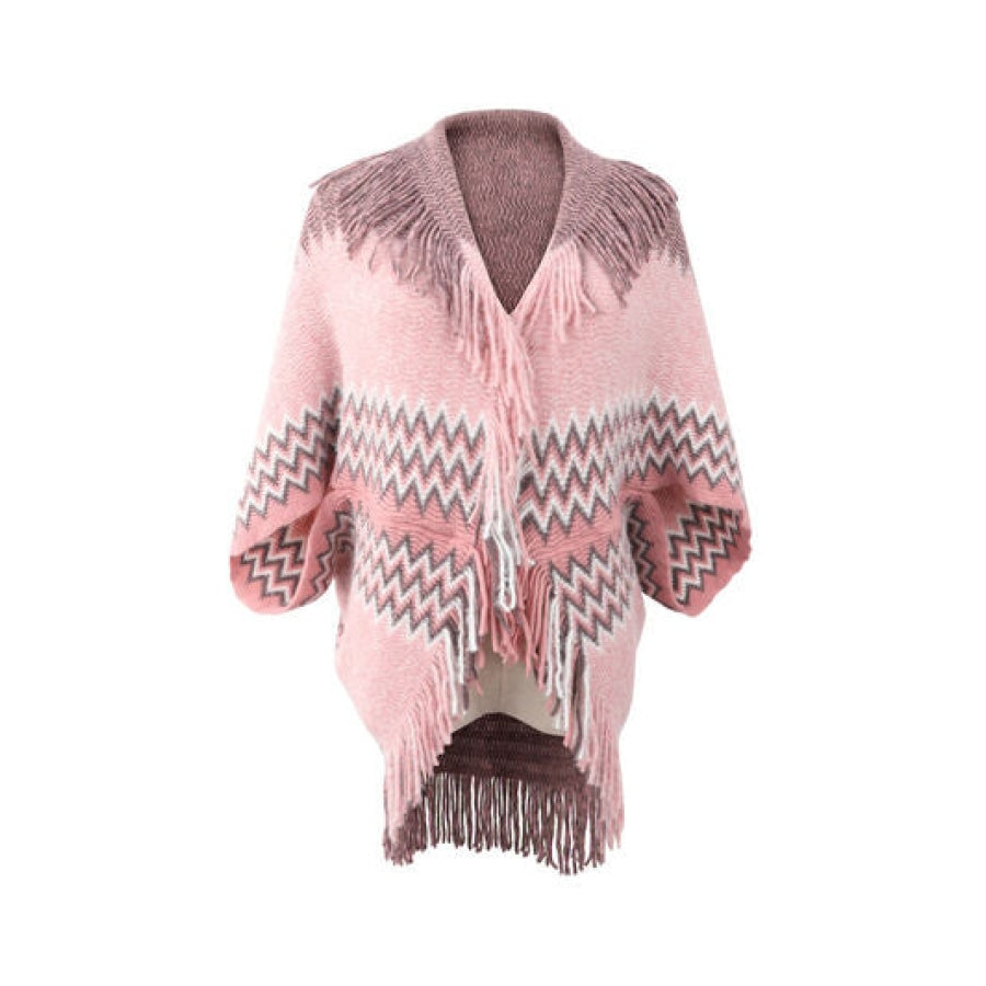 Geometric Fringe Open Front Cardigan Blush Pink / One Size Clothing