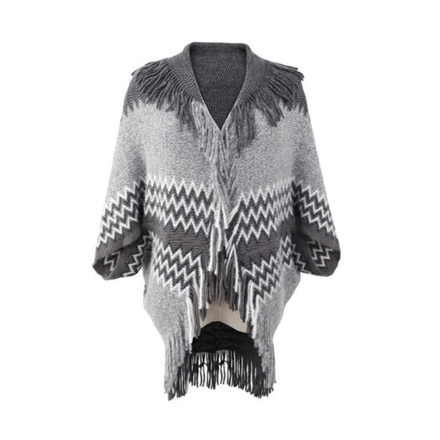 Geometric Fringe Open Front Cardigan Charcoal / One Size Clothing
