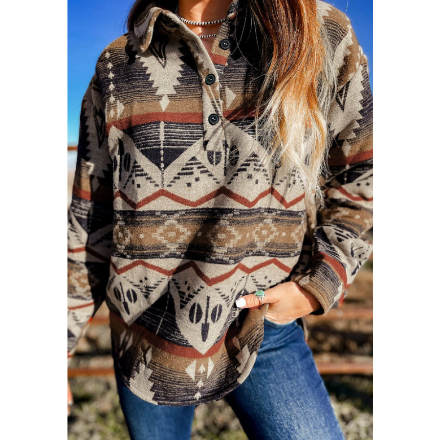 Geometric Half Button Long Sleeve Sweatshirt Taupe / S Apparel and Accessories