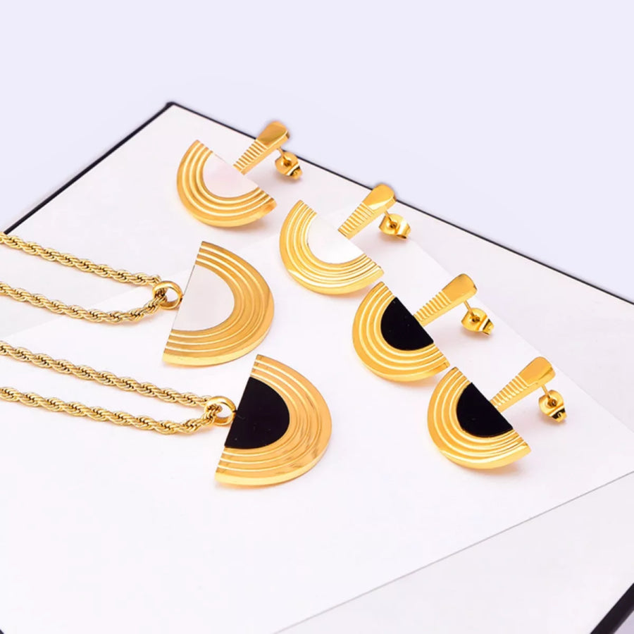 Geometric Half-Circle 18K Gold Plated Necklace Ring and Earrings Jewelry Set Apparel and Accessories