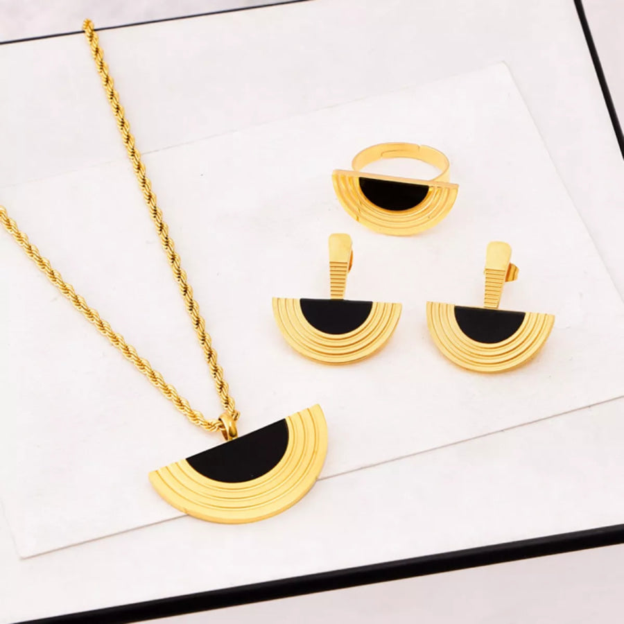 Geometric Half-Circle 18K Gold Plated Necklace Ring and Earrings Jewelry Set Black / One Size Apparel and Accessories