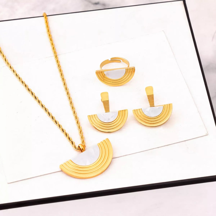 Geometric Half-Circle 18K Gold Plated Necklace Ring and Earrings Jewelry Set Ivory / One Size Apparel and Accessories