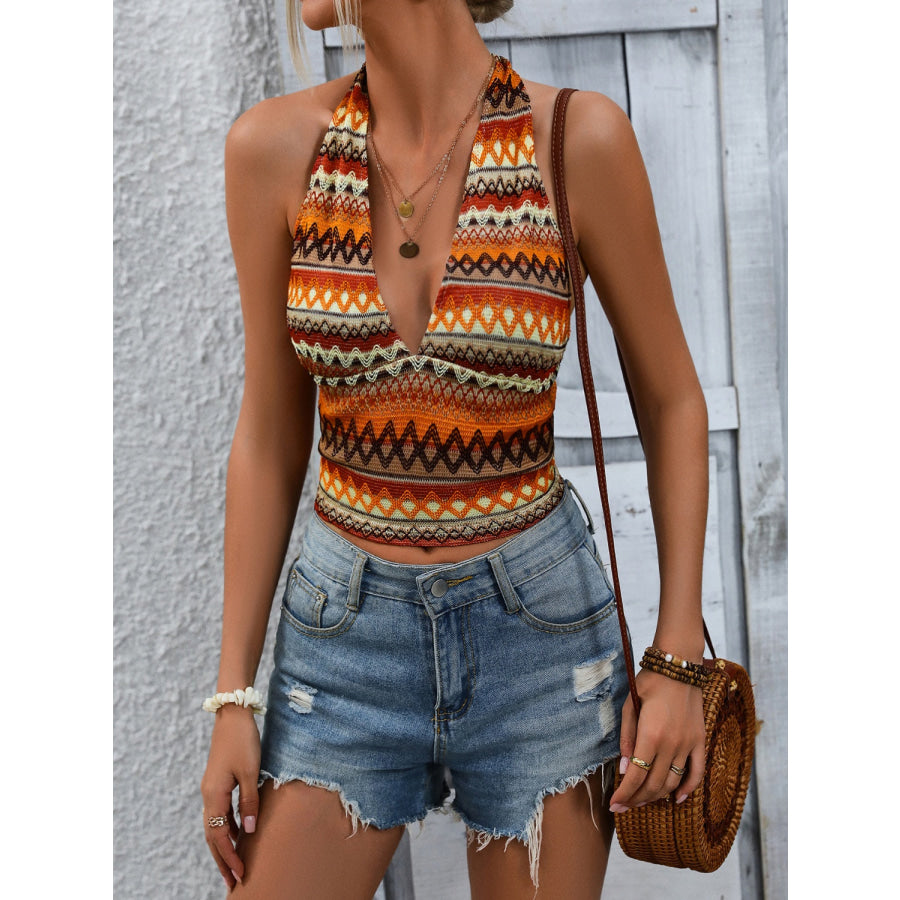 Geometric Halter Neck Cropped Tank Orange / S Apparel and Accessories