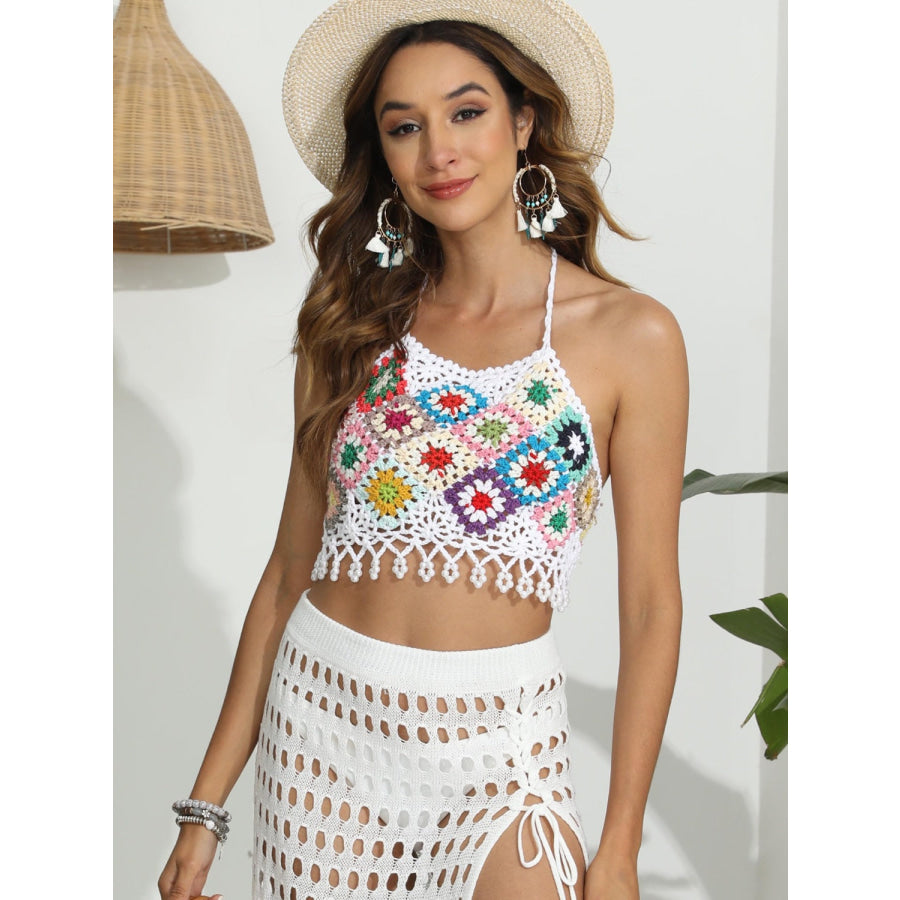 Geometric Halter Neck Swim Top White / One Size Apparel and Accessories