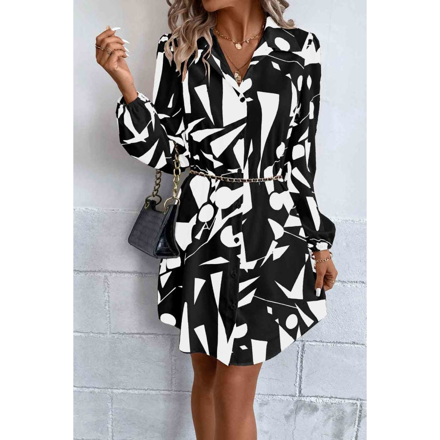 Geometric Long Sleeve Shirt Dress Black / S Clothing