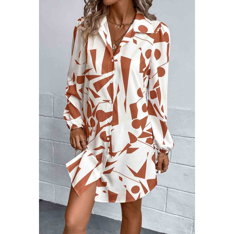 Geometric Long Sleeve Shirt Dress Coral / S Clothing