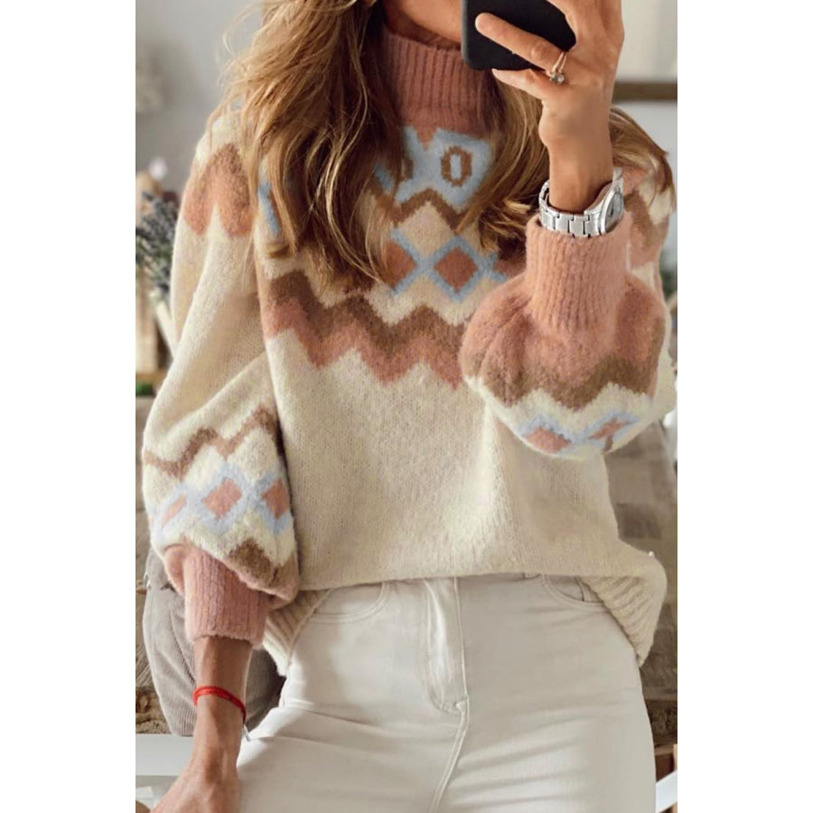 Geometric Mock Neck Long Sleeve Sweater Apparel and Accessories