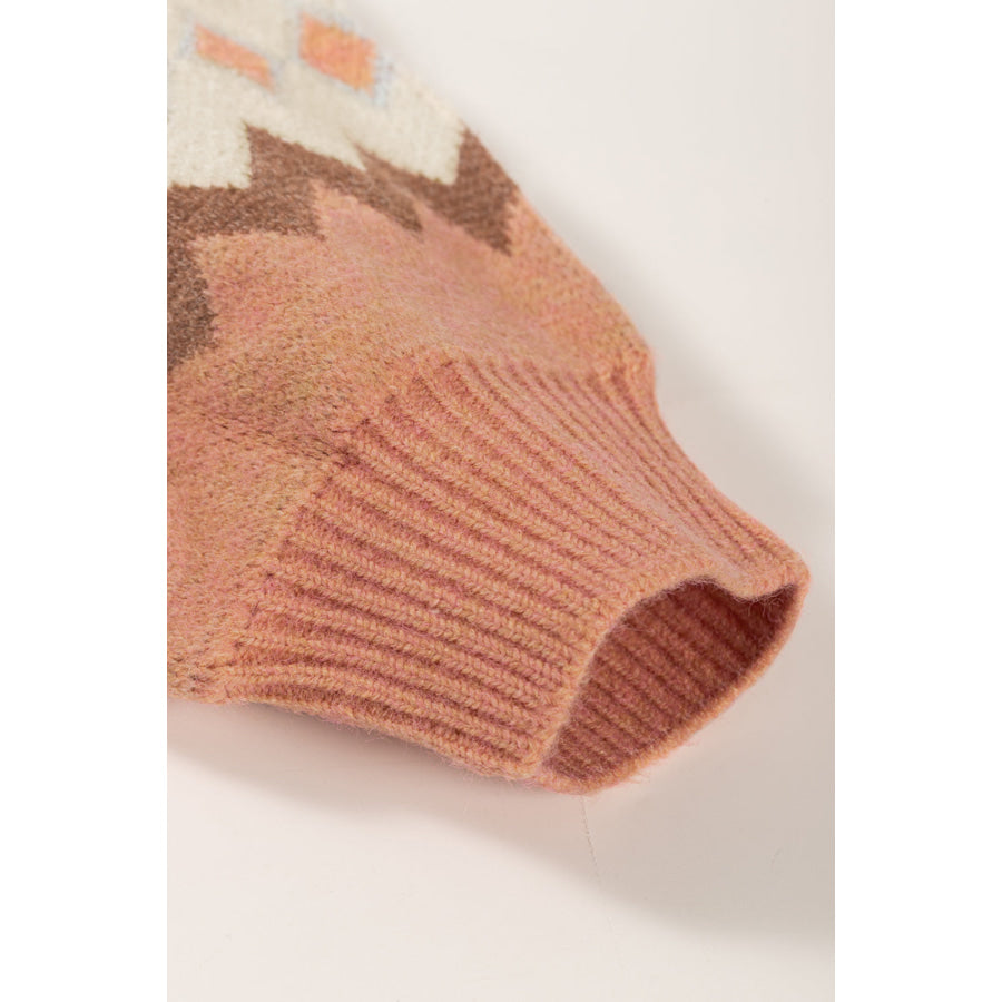 Geometric Mock Neck Long Sleeve Sweater Apparel and Accessories