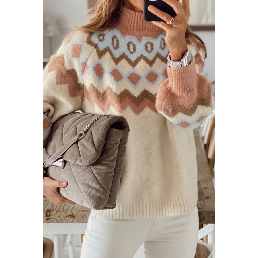Geometric Mock Neck Long Sleeve Sweater Apparel and Accessories
