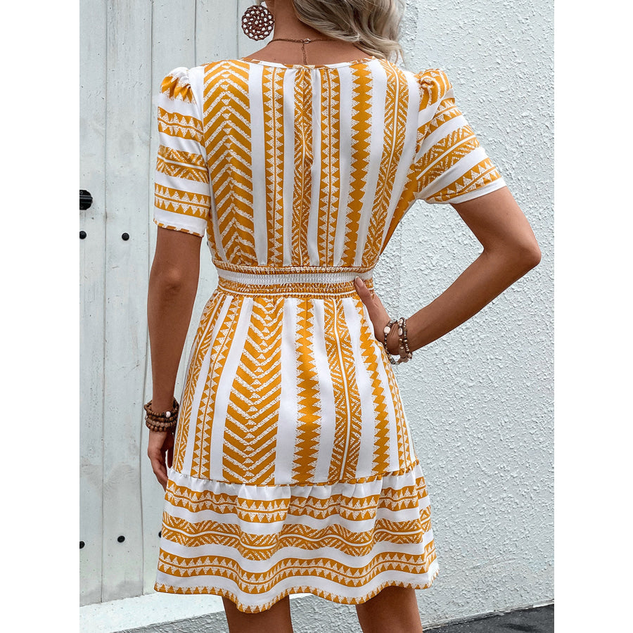 Geometric Notched Short Sleeve Mini Dress Mustard / S Apparel and Accessories