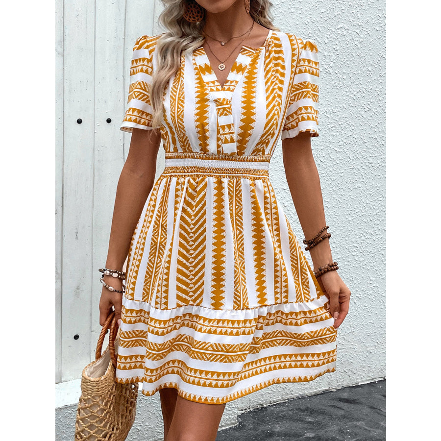 Geometric Notched Short Sleeve Mini Dress Mustard / S Apparel and Accessories