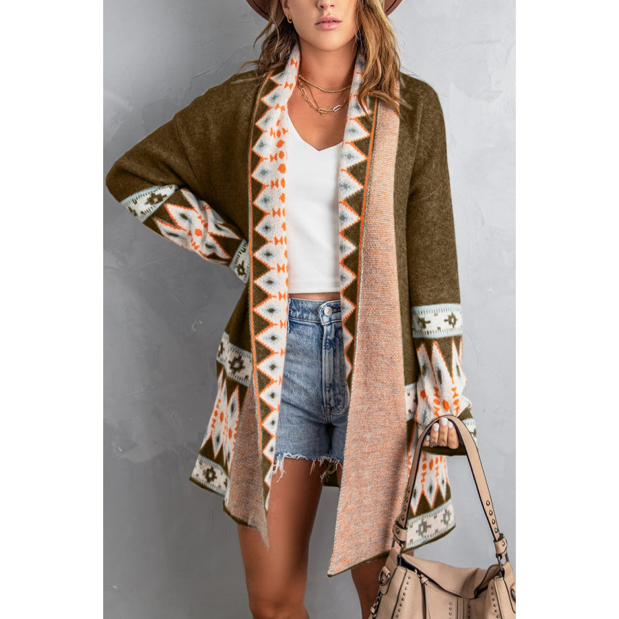 Geometric Open Front Long Sleeve Cardigan Apparel and Accessories