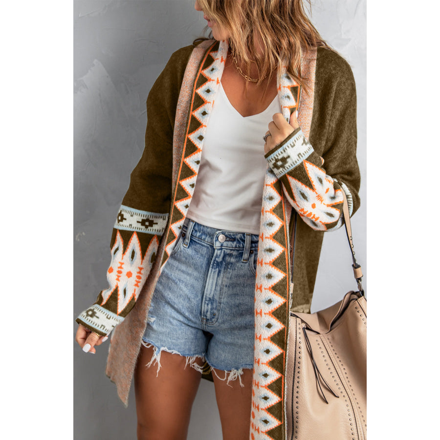 Geometric Open Front Long Sleeve Cardigan Apparel and Accessories