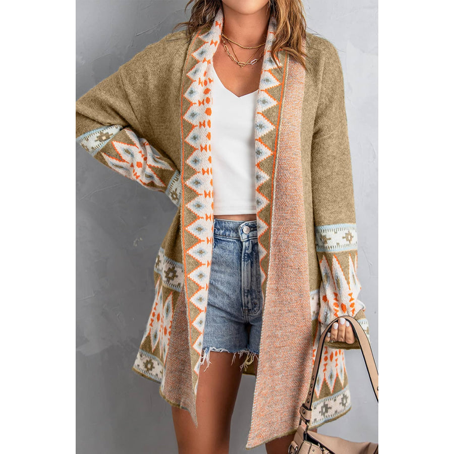 Geometric Open Front Long Sleeve Cardigan Apparel and Accessories