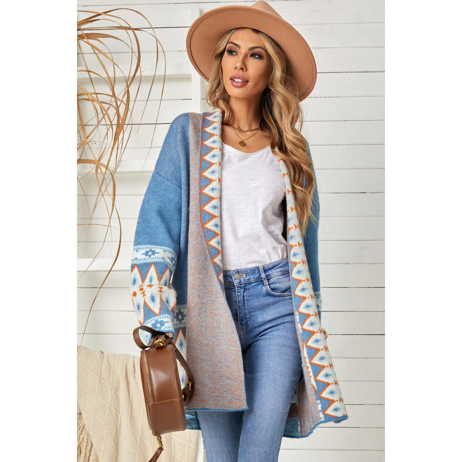 Geometric Open Front Long Sleeve Cardigan Apparel and Accessories