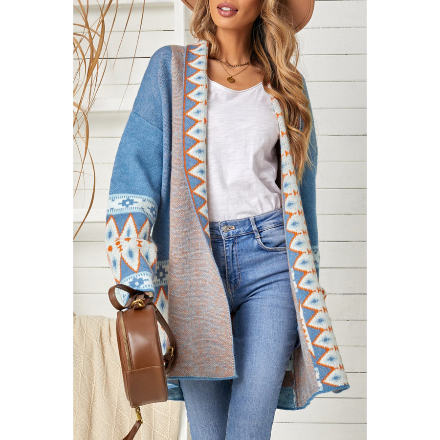 Geometric Open Front Long Sleeve Cardigan Blue / S Apparel and Accessories