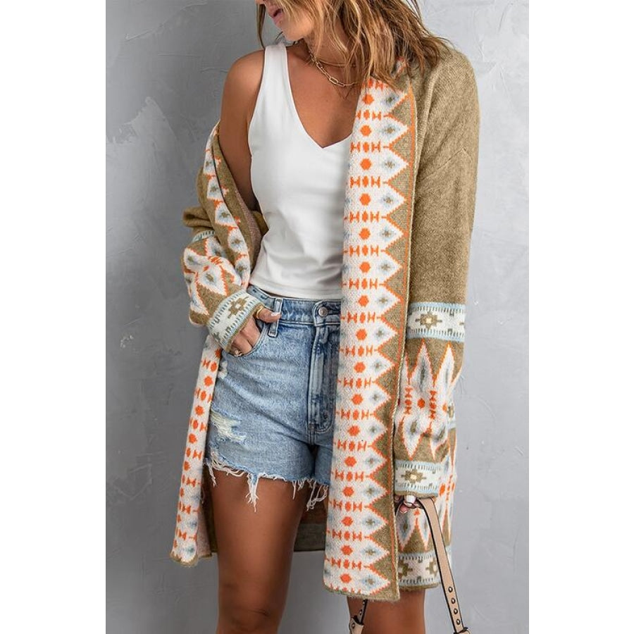 Geometric Open Front Long Sleeve Cardigan Clothing