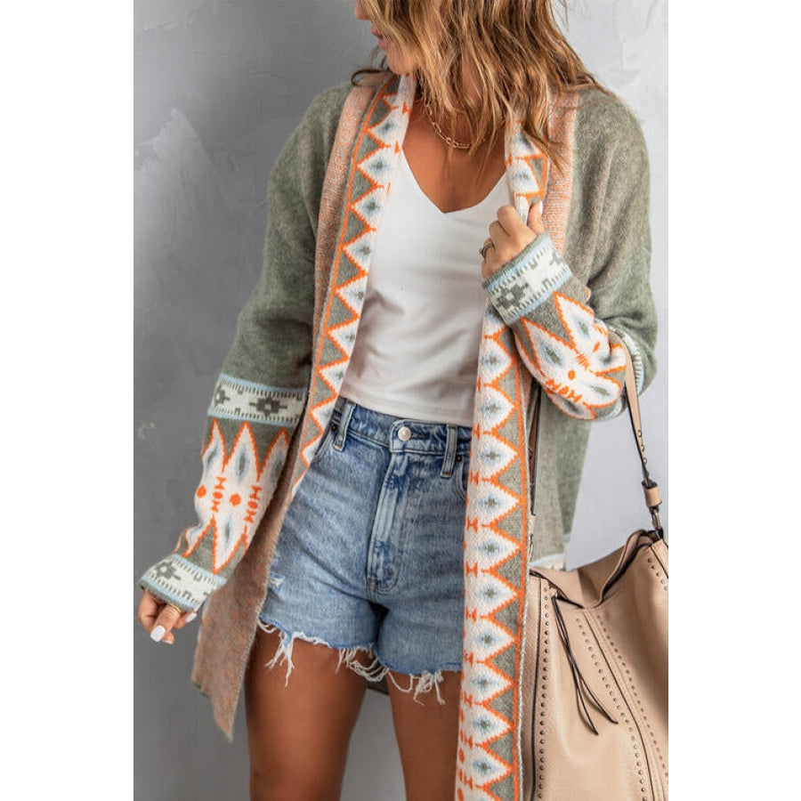 Geometric Open Front Long Sleeve Cardigan Clothing