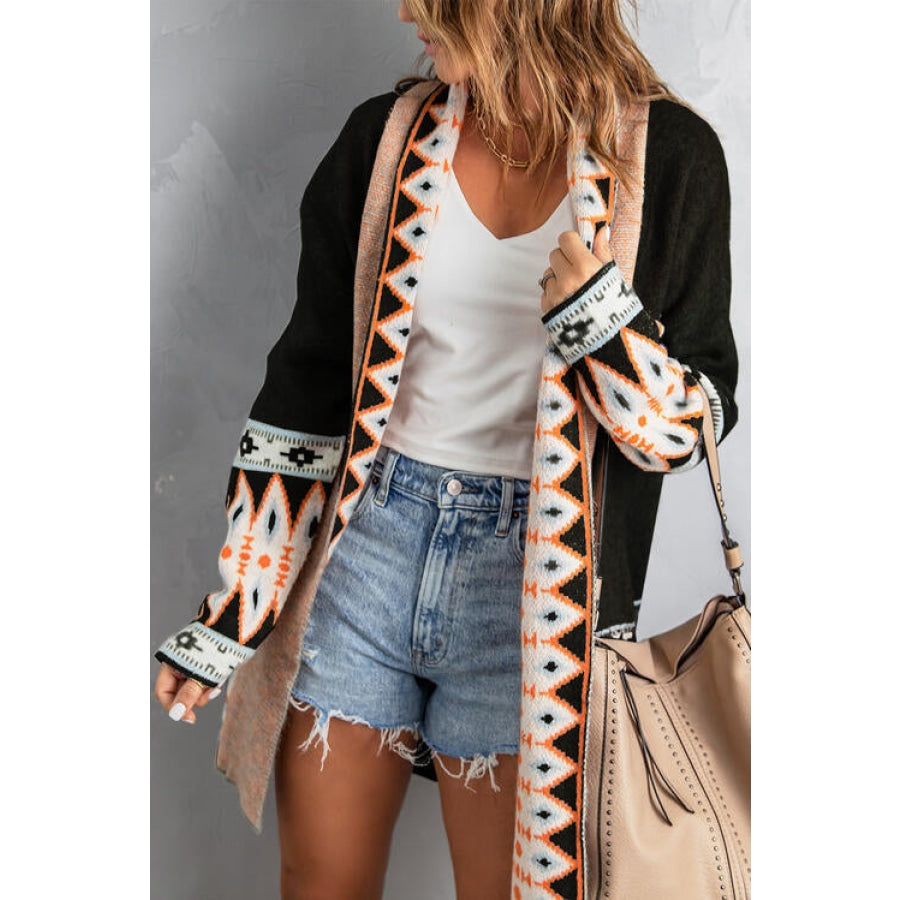 Geometric Open Front Long Sleeve Cardigan Clothing