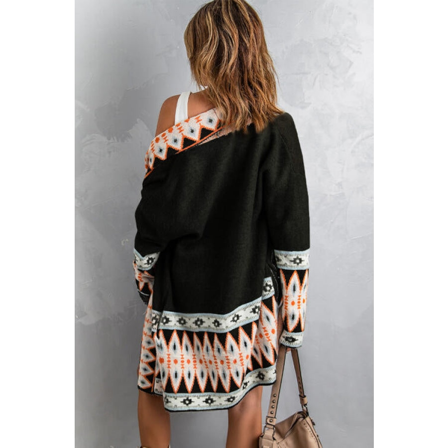 Geometric Open Front Long Sleeve Cardigan Clothing