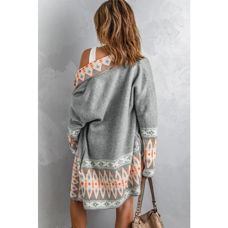 Geometric Open Front Long Sleeve Cardigan Heather Gray / S Clothing