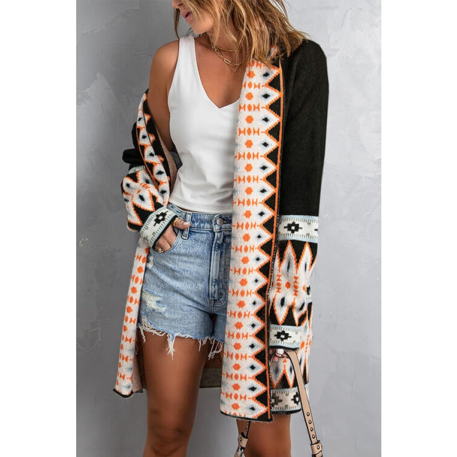 Geometric Open Front Long Sleeve Cardigan Clothing