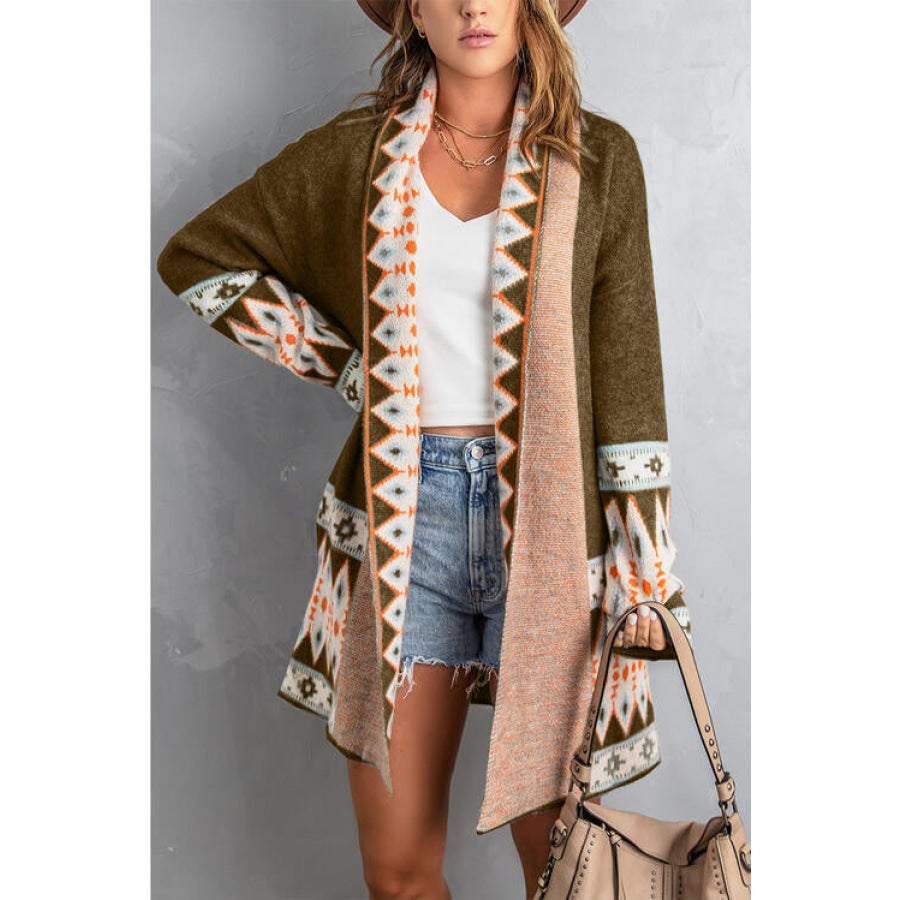 Geometric Open Front Long Sleeve Cardigan Clothing