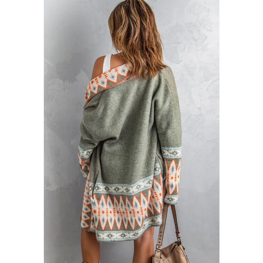 Geometric Open Front Long Sleeve Cardigan Clothing