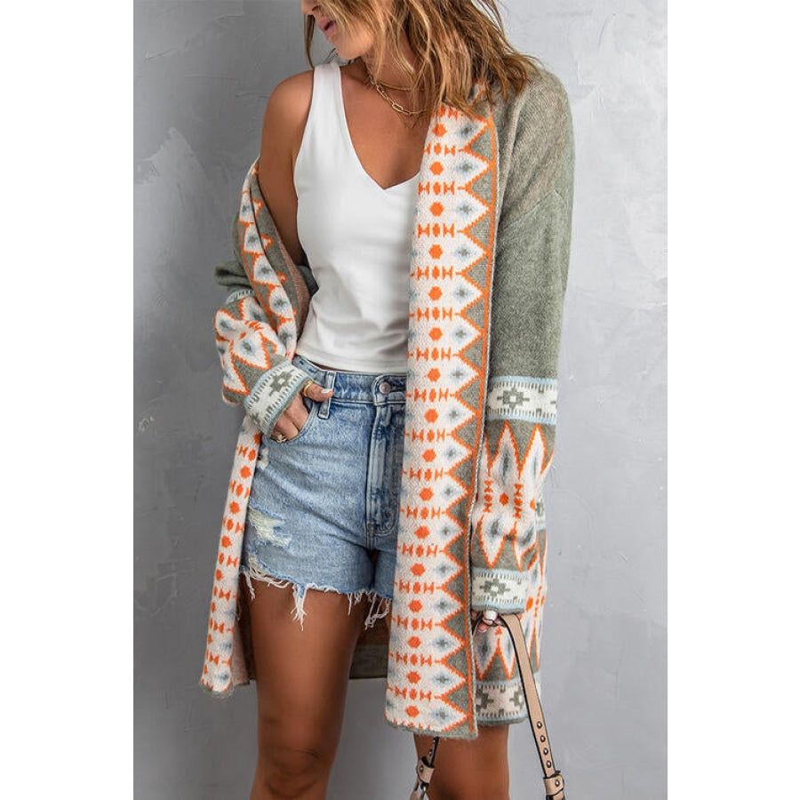 Geometric Open Front Long Sleeve Cardigan Clothing