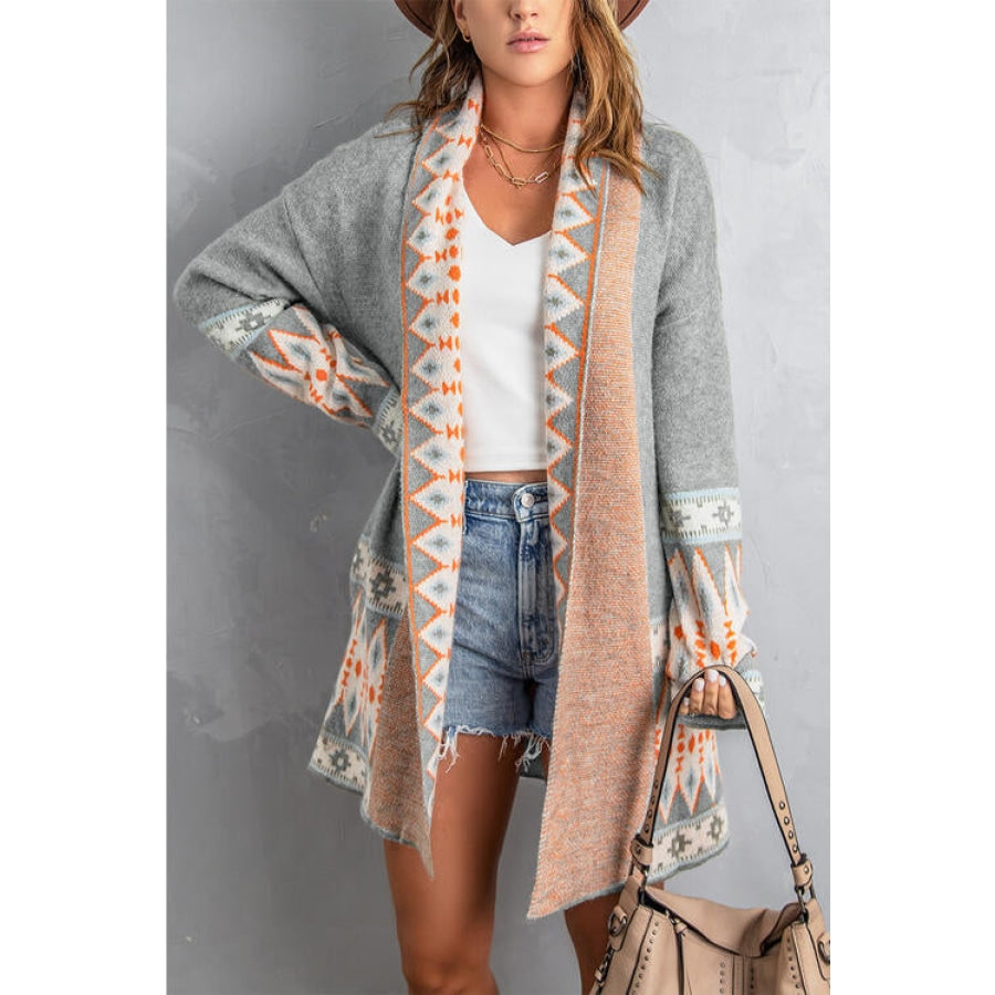 Geometric Open Front Long Sleeve Cardigan Clothing