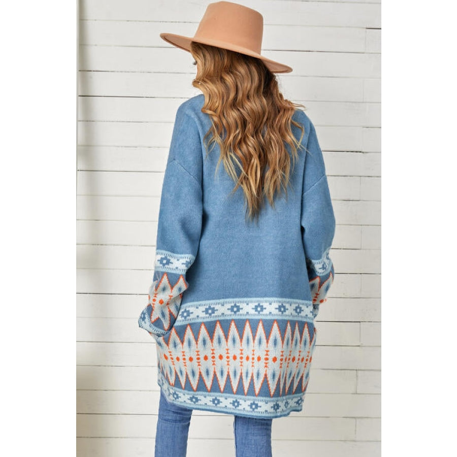 Geometric Open Front Long Sleeve Cardigan Clothing