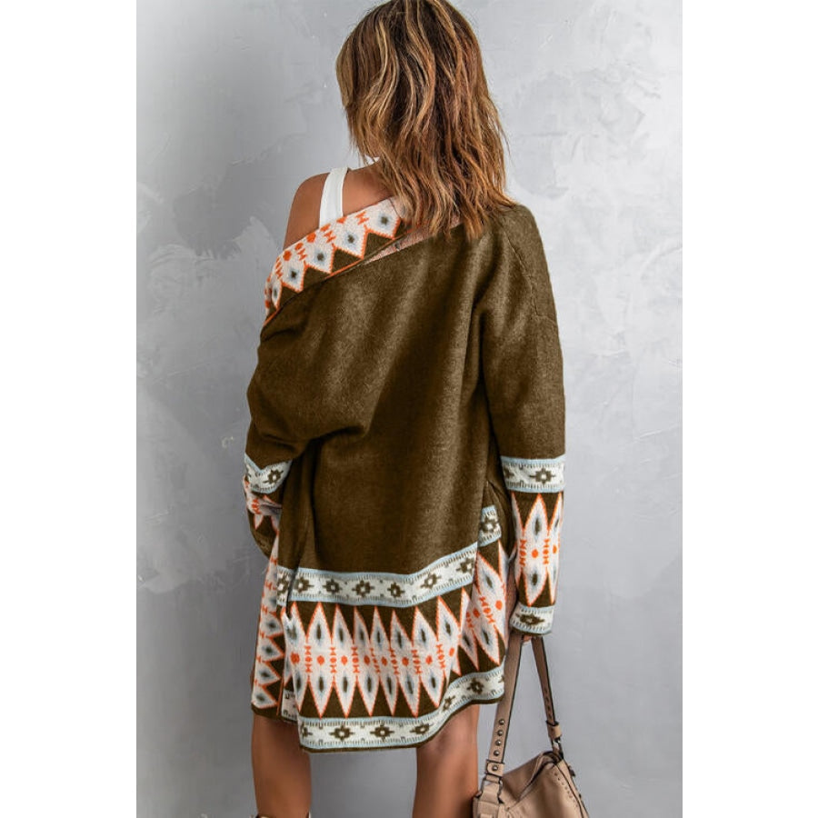 Geometric Open Front Long Sleeve Cardigan Clothing