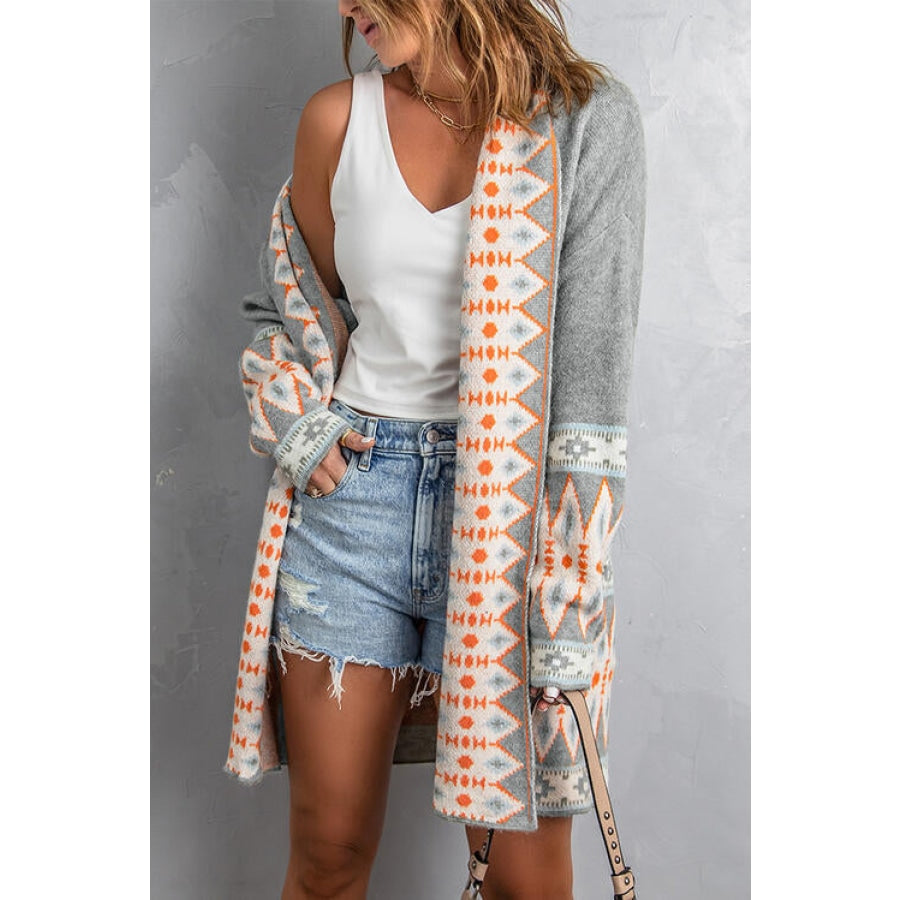 Geometric Open Front Long Sleeve Cardigan Clothing