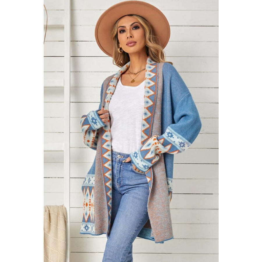 Geometric Open Front Long Sleeve Cardigan Misty Blue / S Clothing