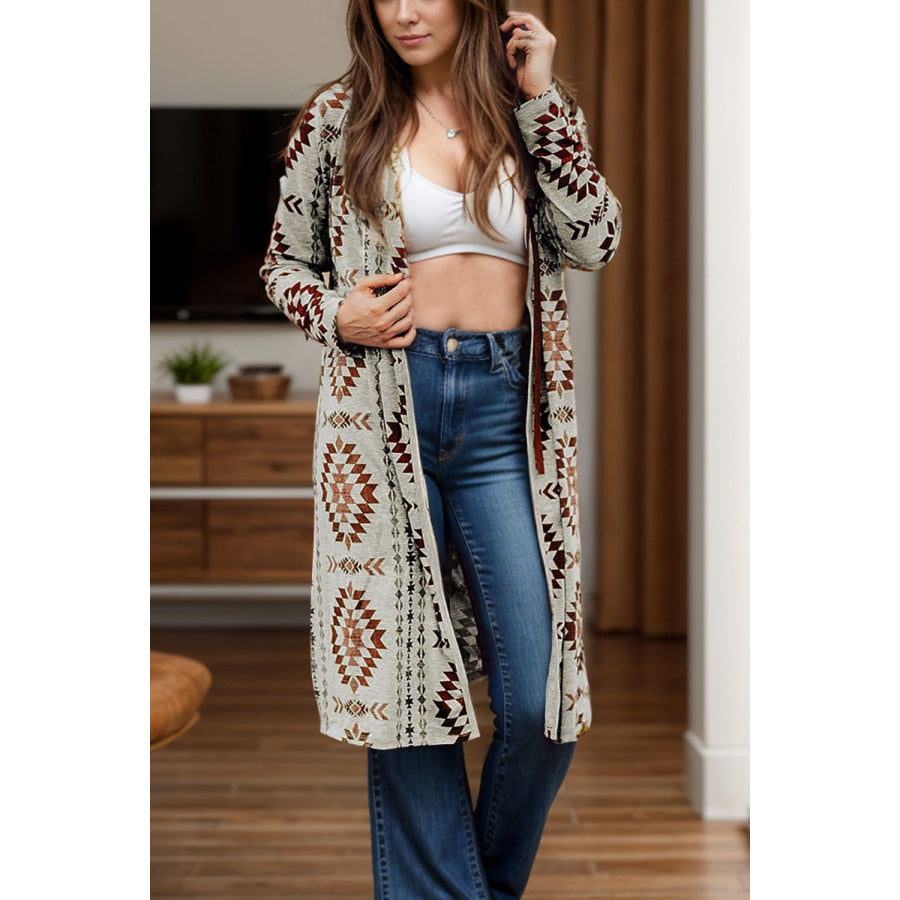 Geometric Open Front Long Sleeve Cover Up Brown / S Apparel and Accessories