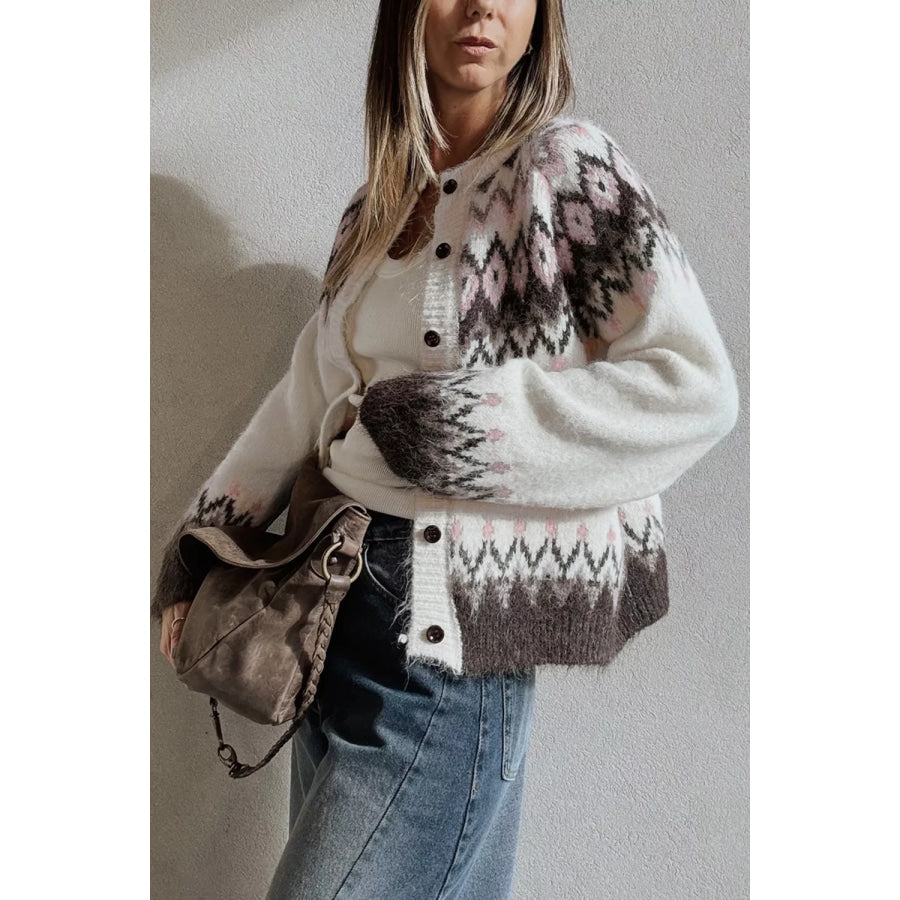 Geometric Pattern Brushed Knit Button Cardigan Apparel and Accessories