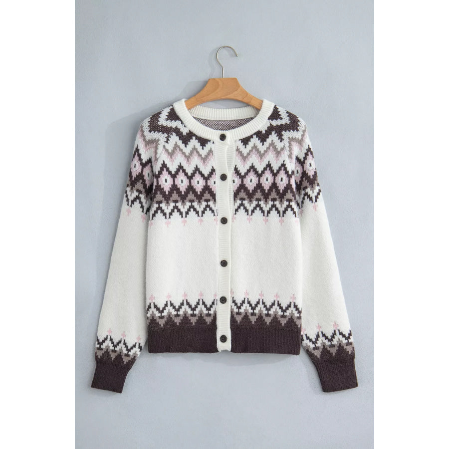 Geometric Pattern Brushed Knit Button Cardigan Apparel and Accessories