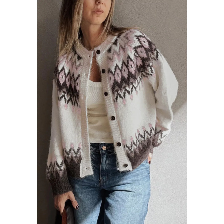 Geometric Pattern Brushed Knit Button Cardigan Apparel and Accessories