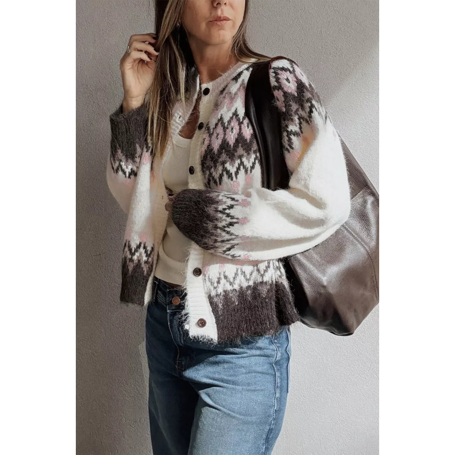 Geometric Pattern Brushed Knit Button Cardigan Apparel and Accessories