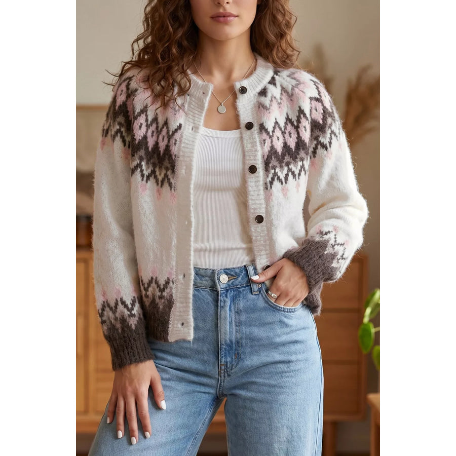 Geometric Pattern Brushed Knit Button Cardigan Apparel and Accessories
