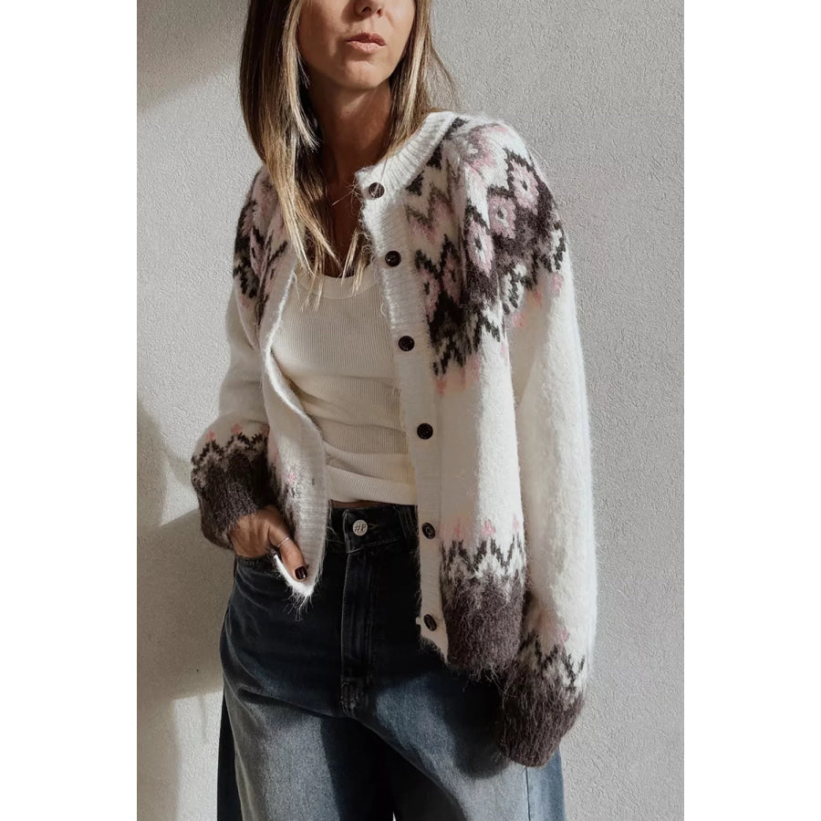 Geometric Pattern Brushed Knit Button Cardigan Apparel and Accessories