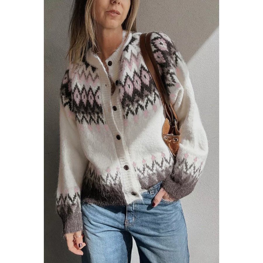 Geometric Pattern Brushed Knit Button Cardigan White / S Apparel and Accessories