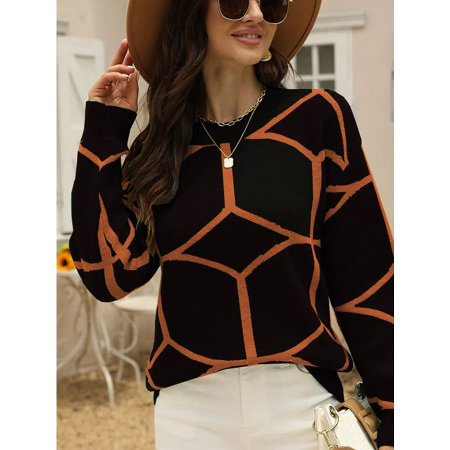 Geometric Pattern Crew Neck Sweater Black / S Apparel and Accessories