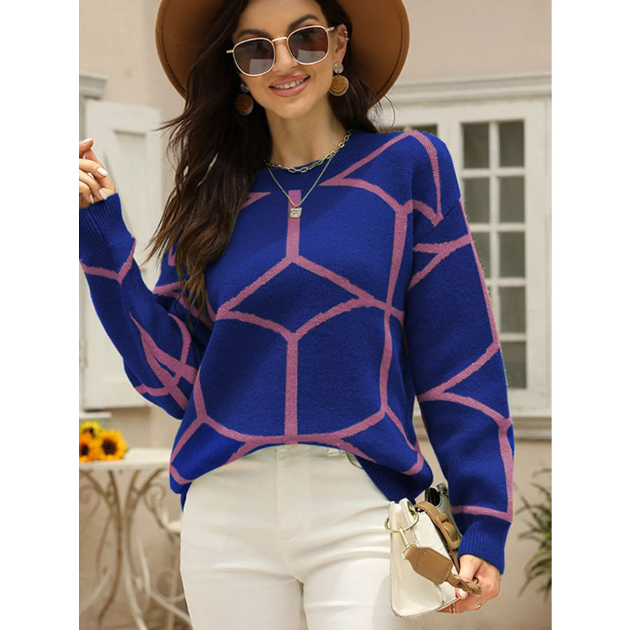 Geometric Pattern Crew Neck Sweater Blue / S Apparel and Accessories