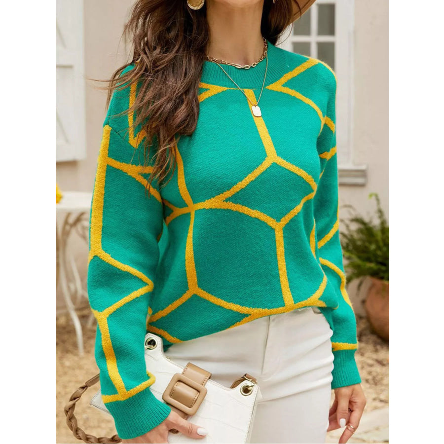 Geometric Pattern Crew Neck Sweater Green / S Apparel and Accessories