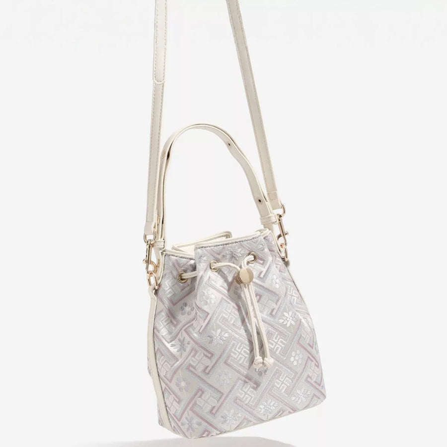 Geometric Pattern Drawstring Crossbody Bucket Bag Cream / onesize Apparel and Accessories
